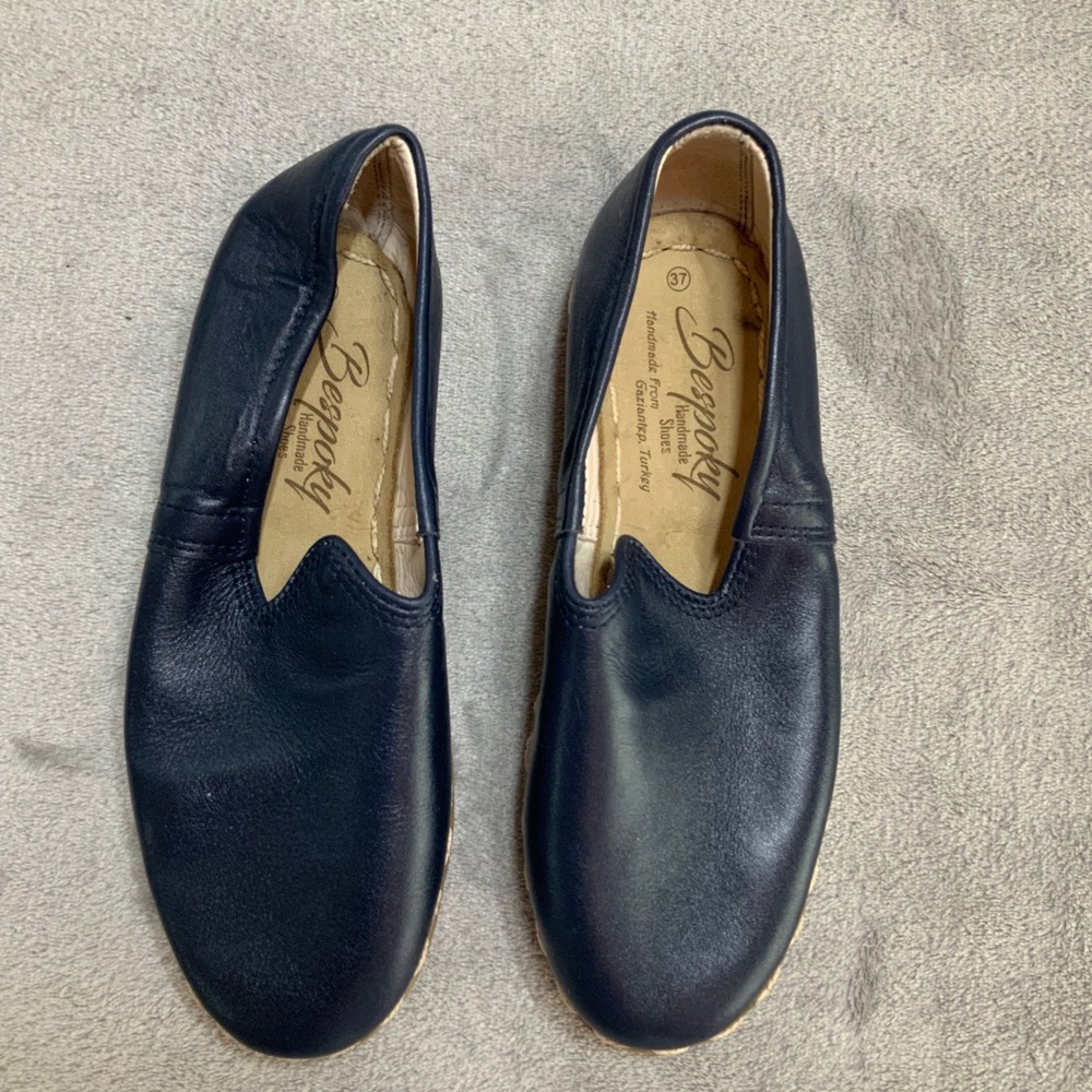 Bespoky Handmade Navy Blue Leather Loafers Yemeni Shoes Turkey Women 6.5 EU 37